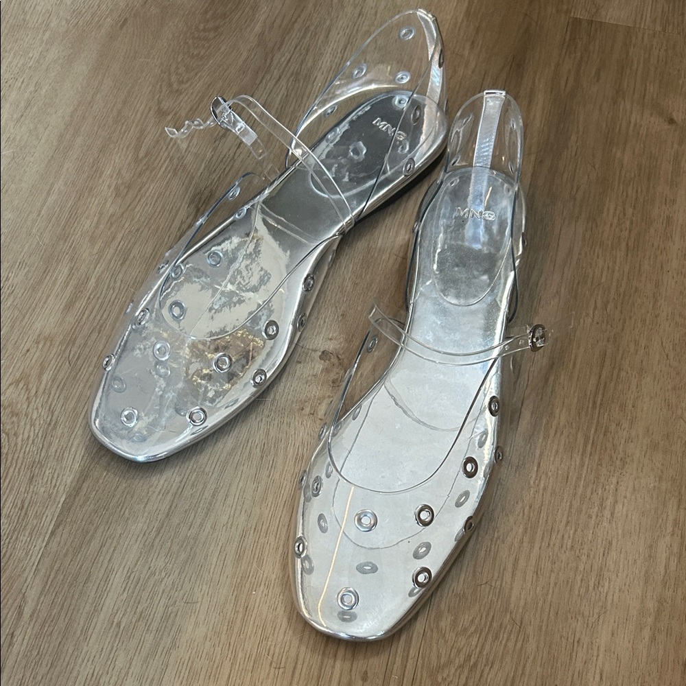 Mango Silver Eyelet Vinyl Clear Mary Jane Flats